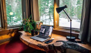 A cozy work from home office space with a laptop and camera lenses