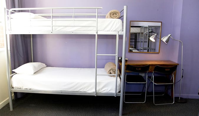 在澳大利亚悉尼的悉尼大旅馆，有双层床和书桌的基本宿舍房间