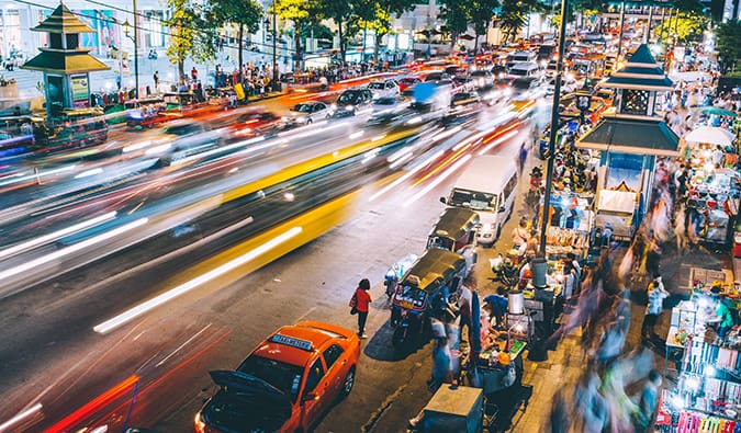 Blurred photography of a busy street at night in Bangkok