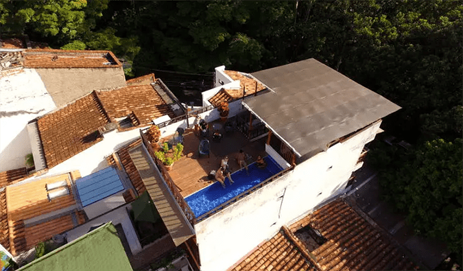 Birdseye view of rooftop terrace with pool at Casa Kiwi Hostel, Medellin