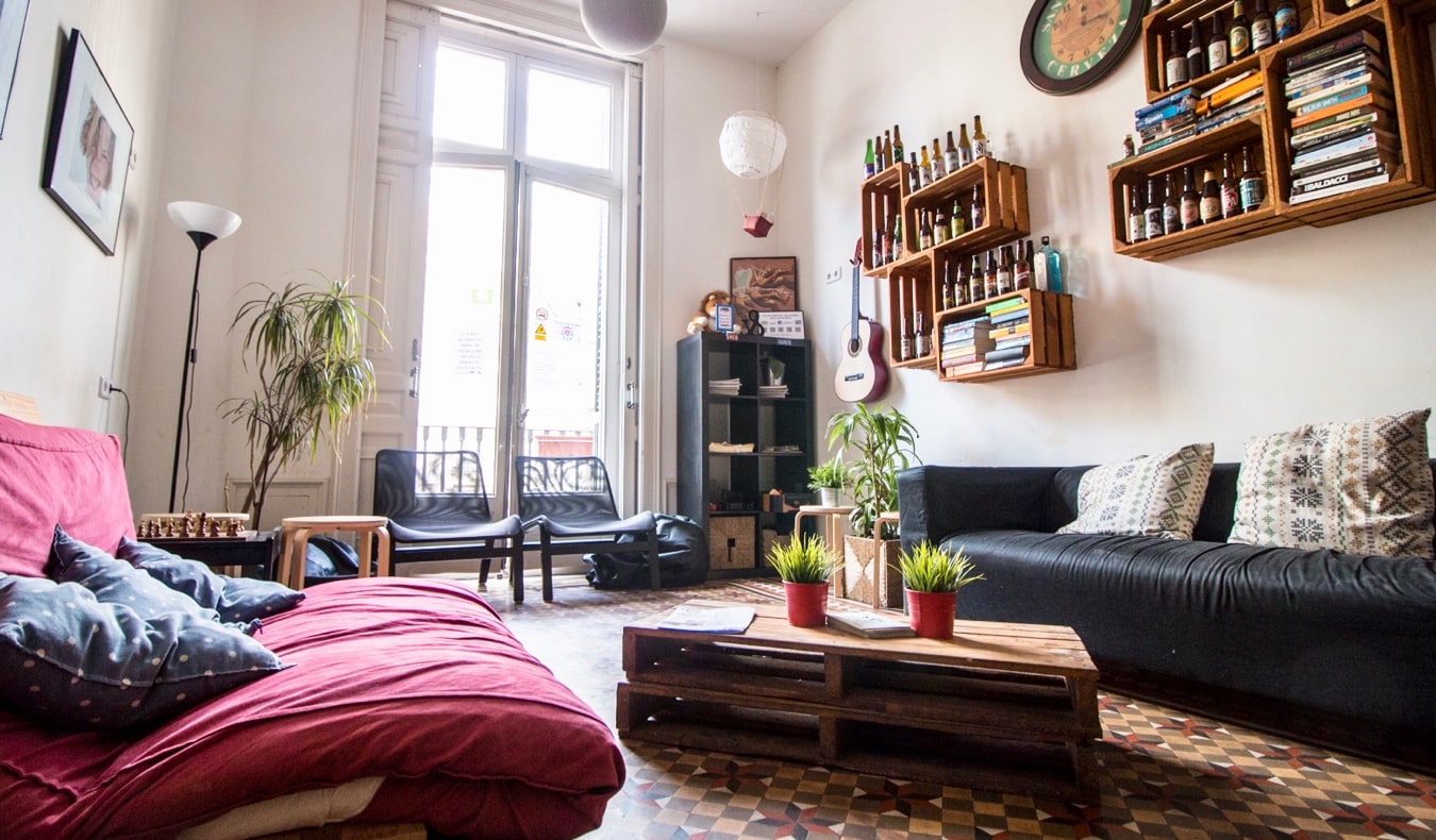 The common area of 360 Hostel in Barcelona, Spain