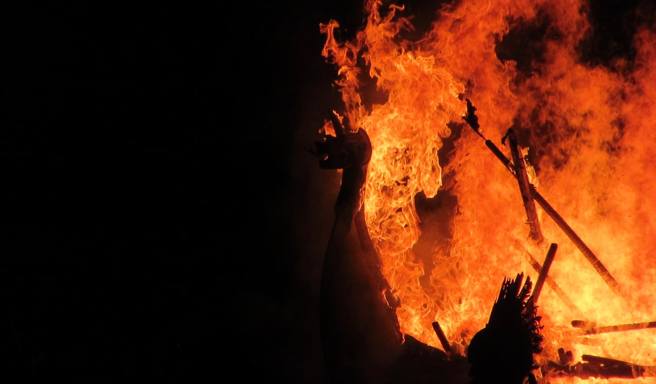 A burning viking boat during Up Helly Aa
