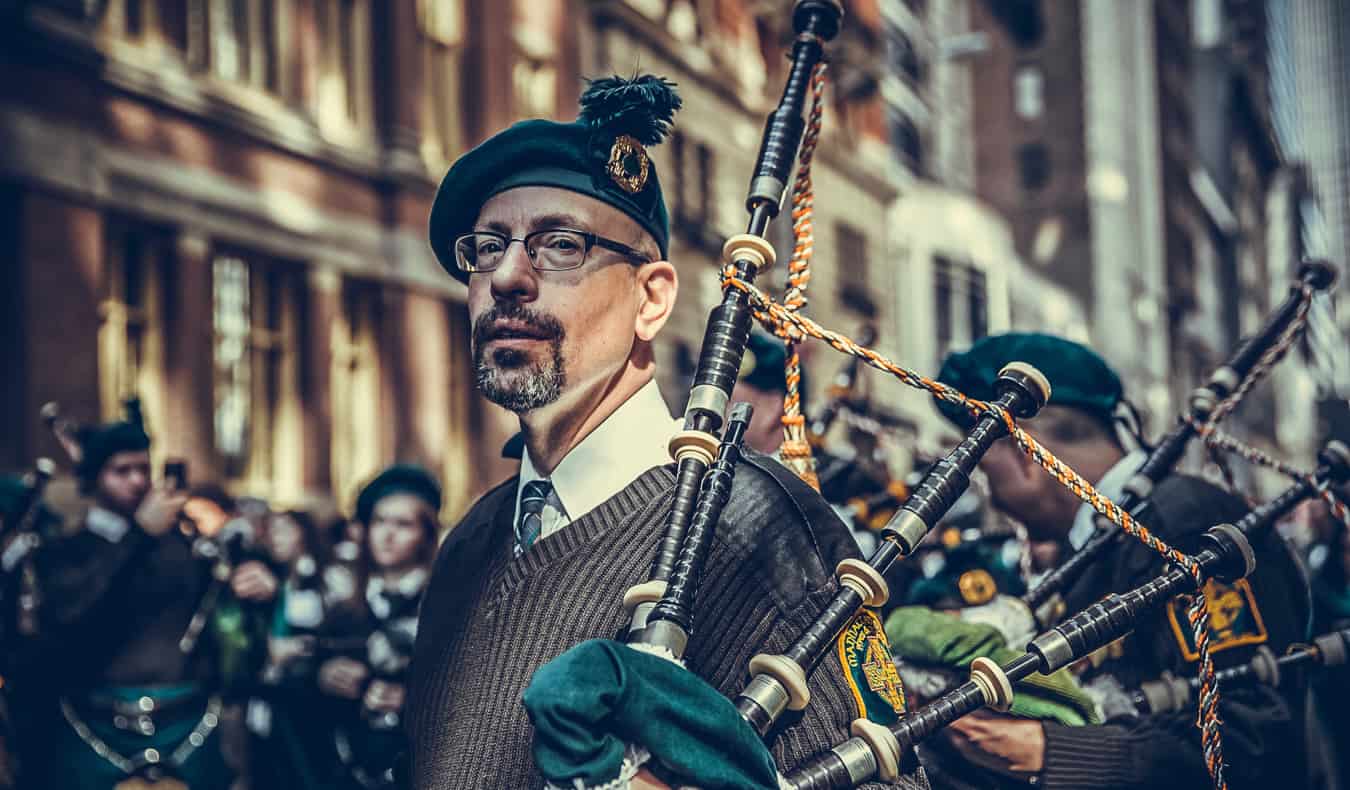 Bagpipes and a band playing on St. Patrick's Day