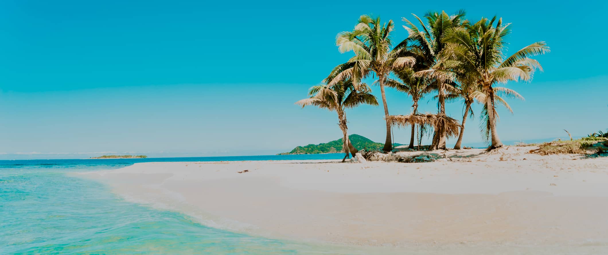 洪都拉斯科奇诺斯岛美丽的海滩，白色的沙滩和棕榈树