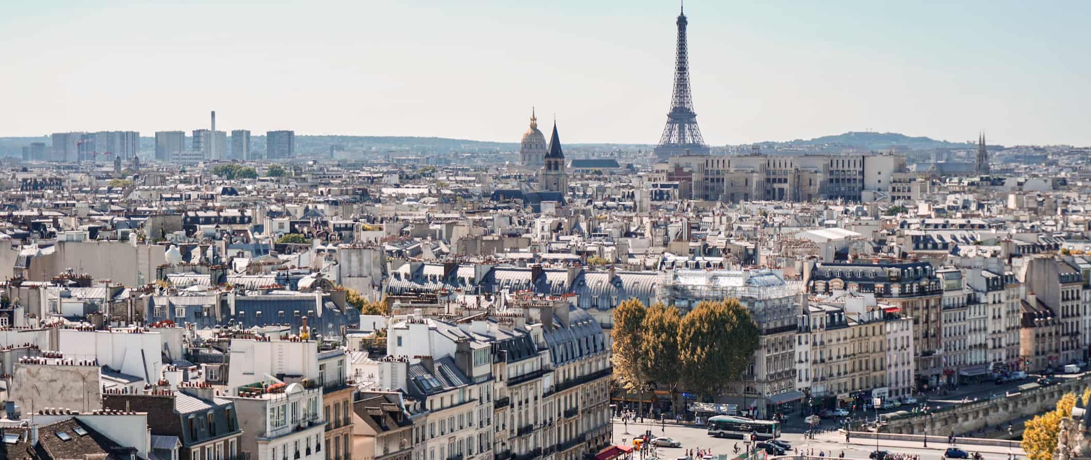 俯瞰巴黎，远处是著名的埃菲尔铁塔
