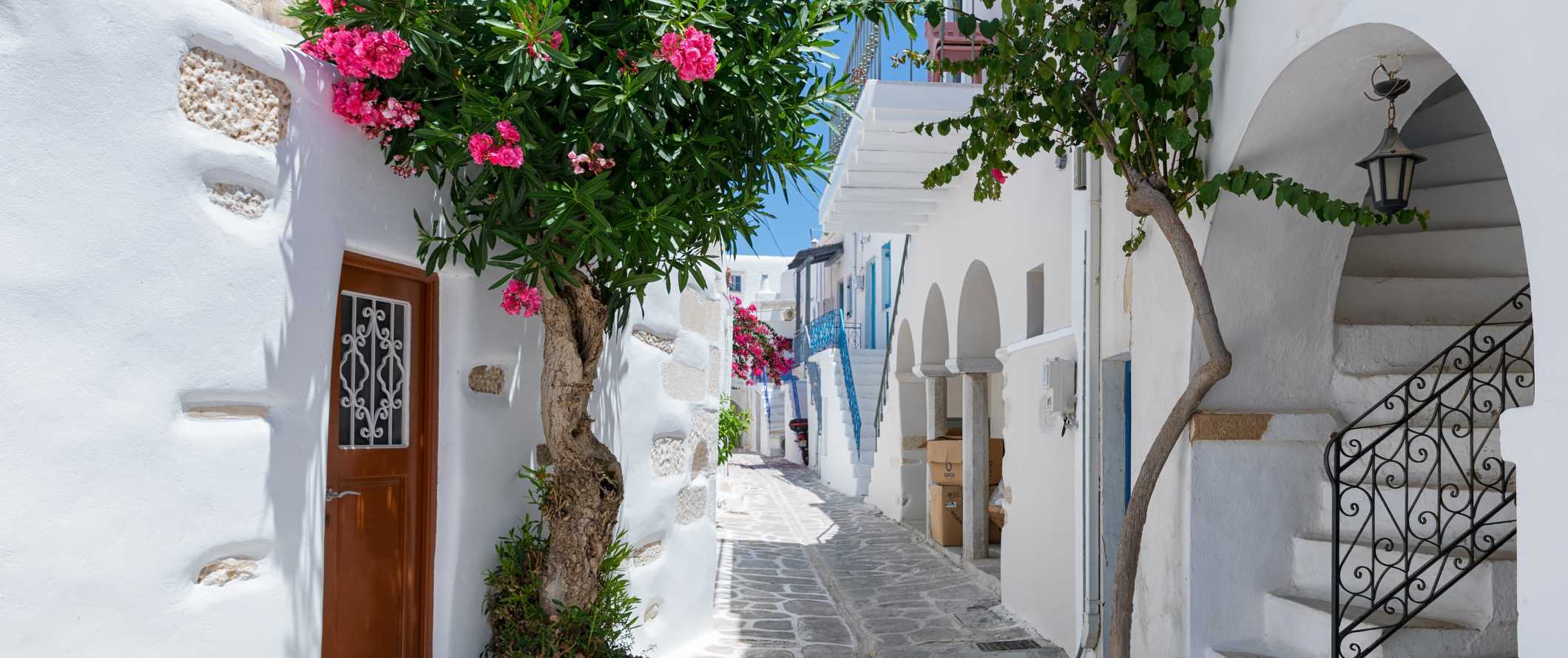 Flag-stone-lined street with white houses on either side on the island of Santorini in Greece.