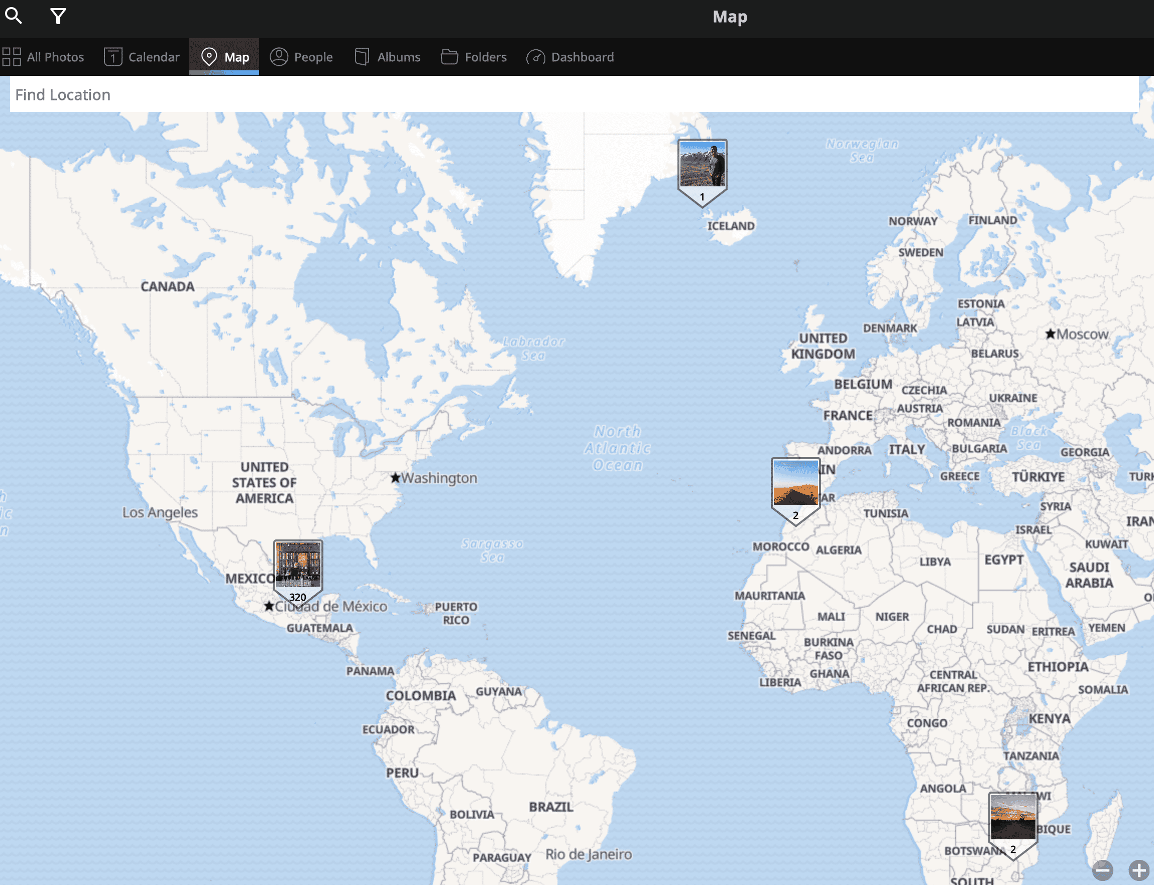 Mylio应用程序在桌面上的地理标签地图视图