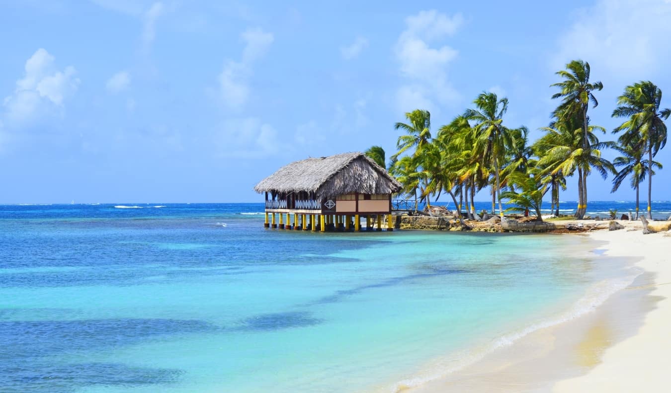 A thatched hut off the coast of the San Blas Islands in Panama