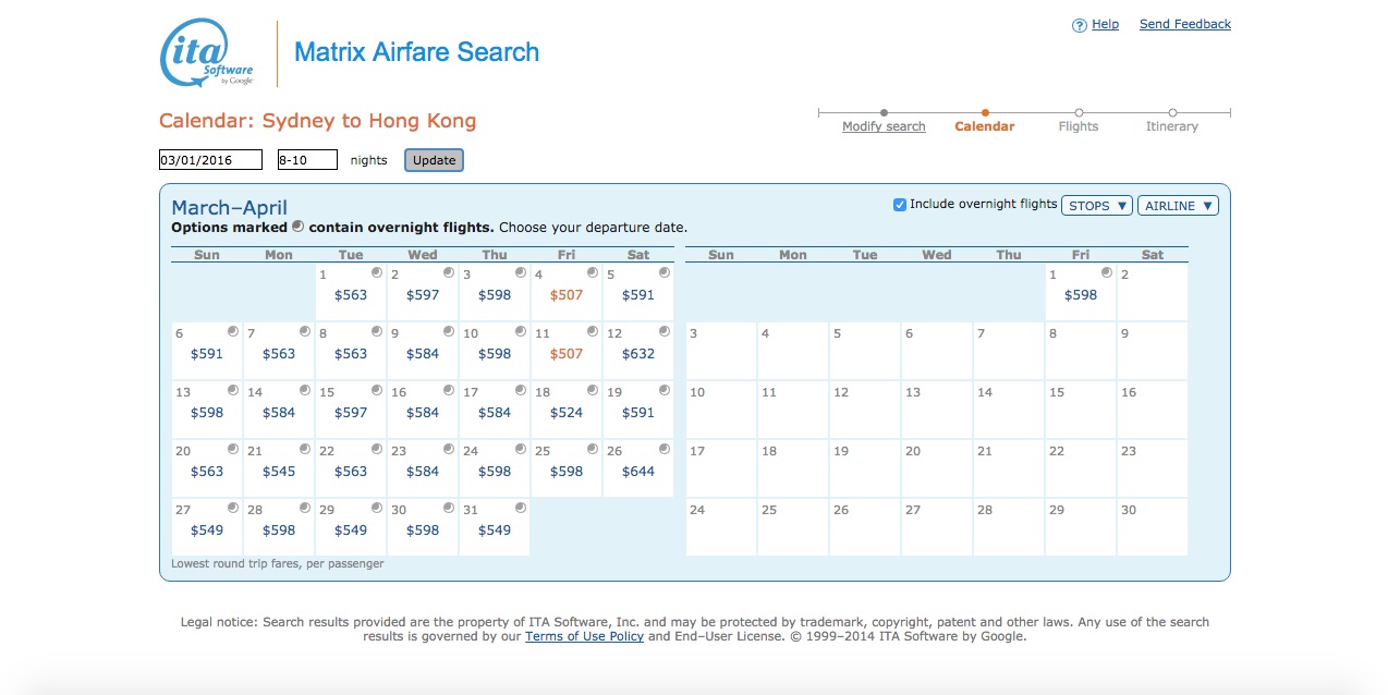 从悉尼到香港的机票预订屏幕