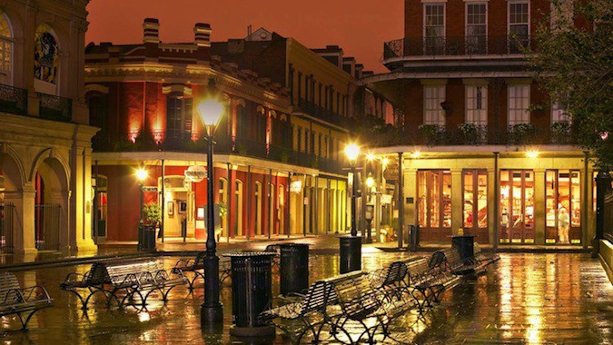 The beautiful and historic buildings of New Orleans, USA at night