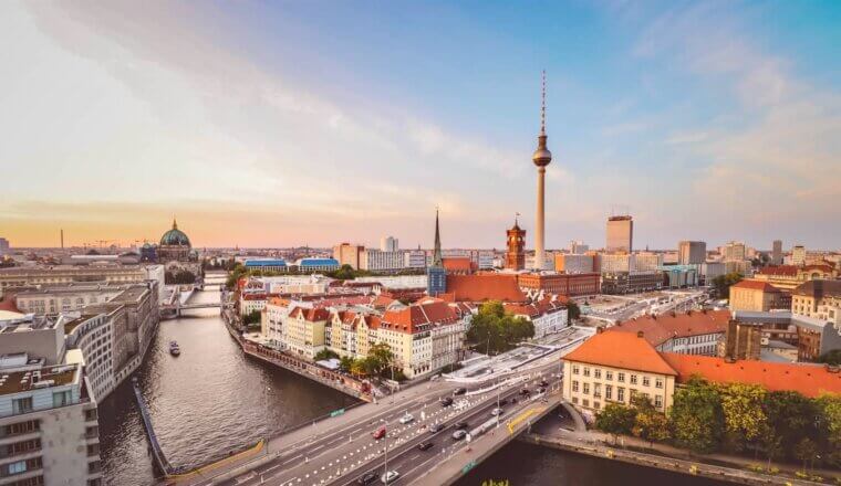 Berlin TV tower set against the cityscape in beautiful downtown Berlin, Germany