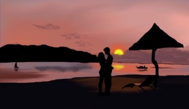 一幅日落时海滩上一对夫妇的画