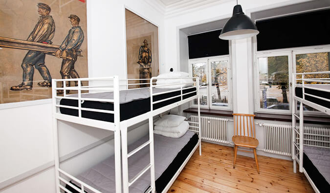 旅社宿舍房间在城市背包客双层床和木地板