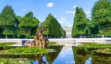 在奥地利维也纳一座宫殿附近，宁静的喷泉反射出树木的倒影