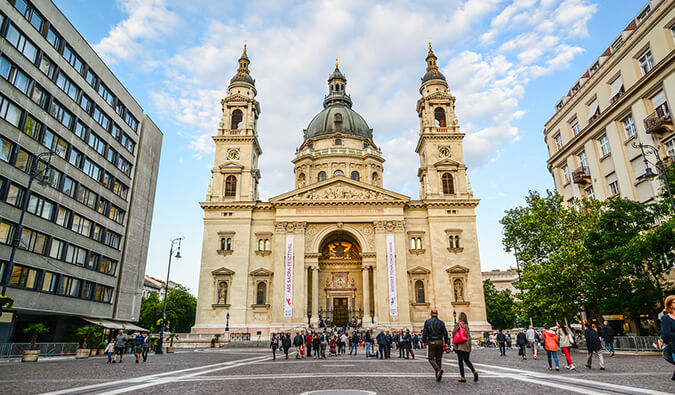 church and town square in budapest on a clear summer day