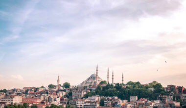 背景是一座巨大的清真寺，俯瞰伊斯坦布尔