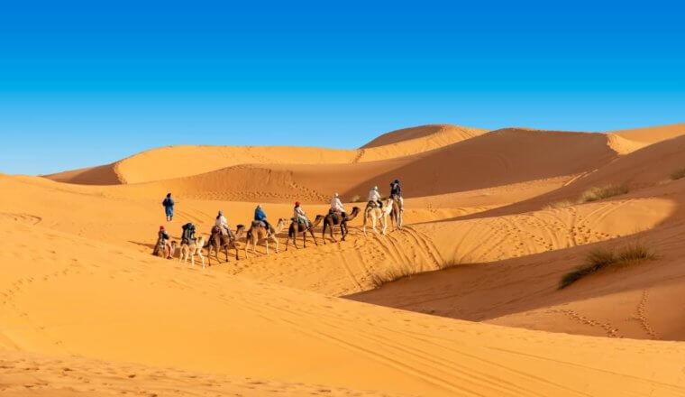 人们骑着骆驼穿过沙漠